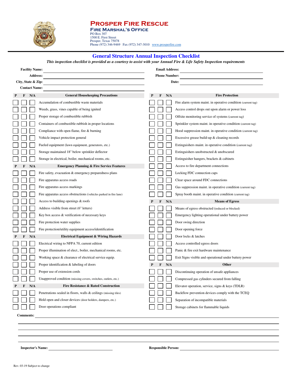 Town of Prosper, Texas General Structure Annual Inspection Checklist ...