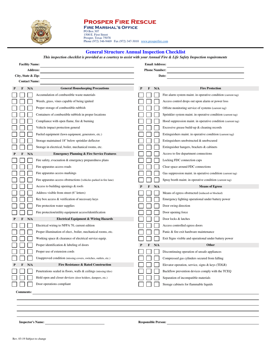 General Structure Annual Inspection Checklist - Town of Prosper, Texas, Page 1