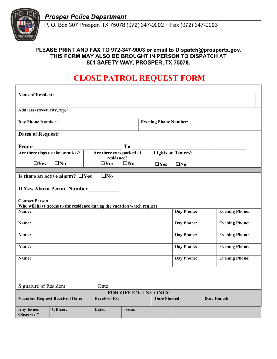 Close Patrol Request Form - Town of Prosper, Texas, Page 1