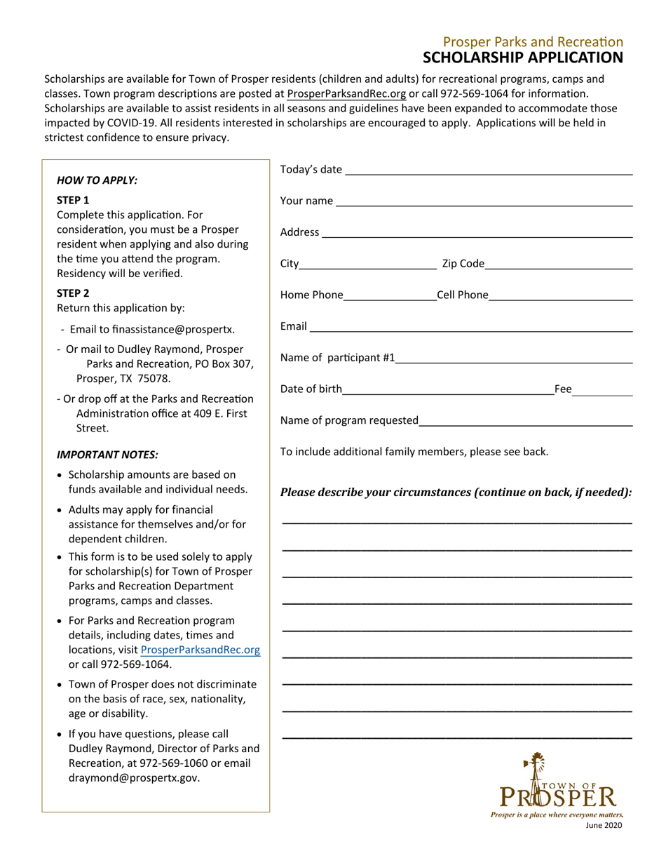 Scholarship Application - Town of Prosper, Texas, Page 1