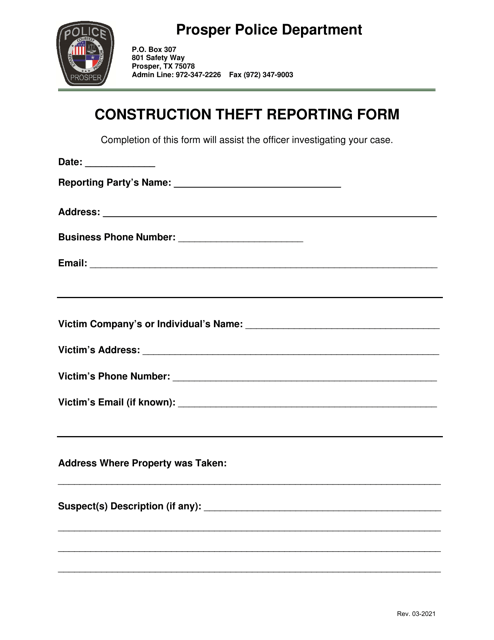 Construction Theft Reporting Form - Town of Prosper, Texas Download Pdf