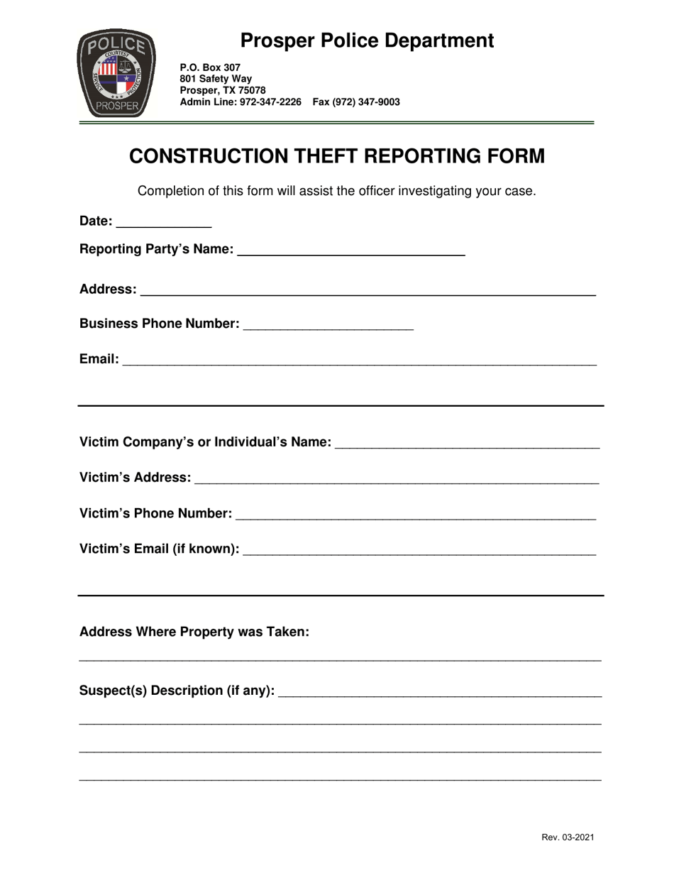 Construction Theft Reporting Form - Town of Prosper, Texas, Page 1