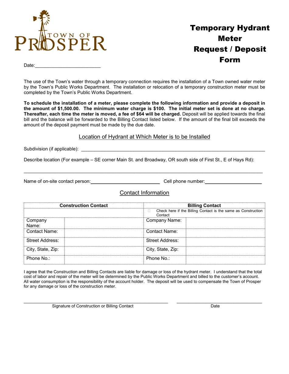 Town of Prosper, Texas Temporary Hydrant Meter Request/Deposit Form ...