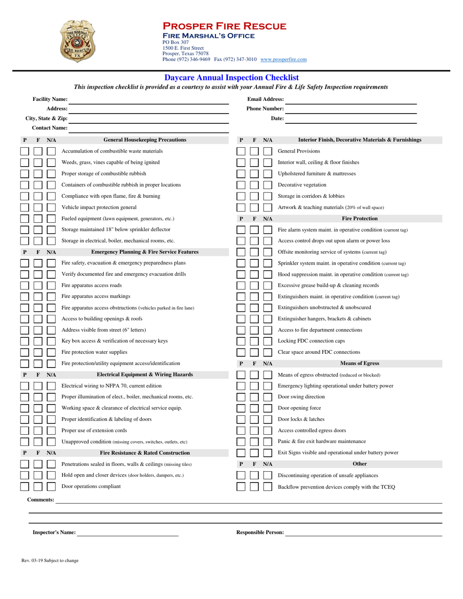 Town of Prosper, Texas Daycare Annual Inspection Checklist - Fill Out ...