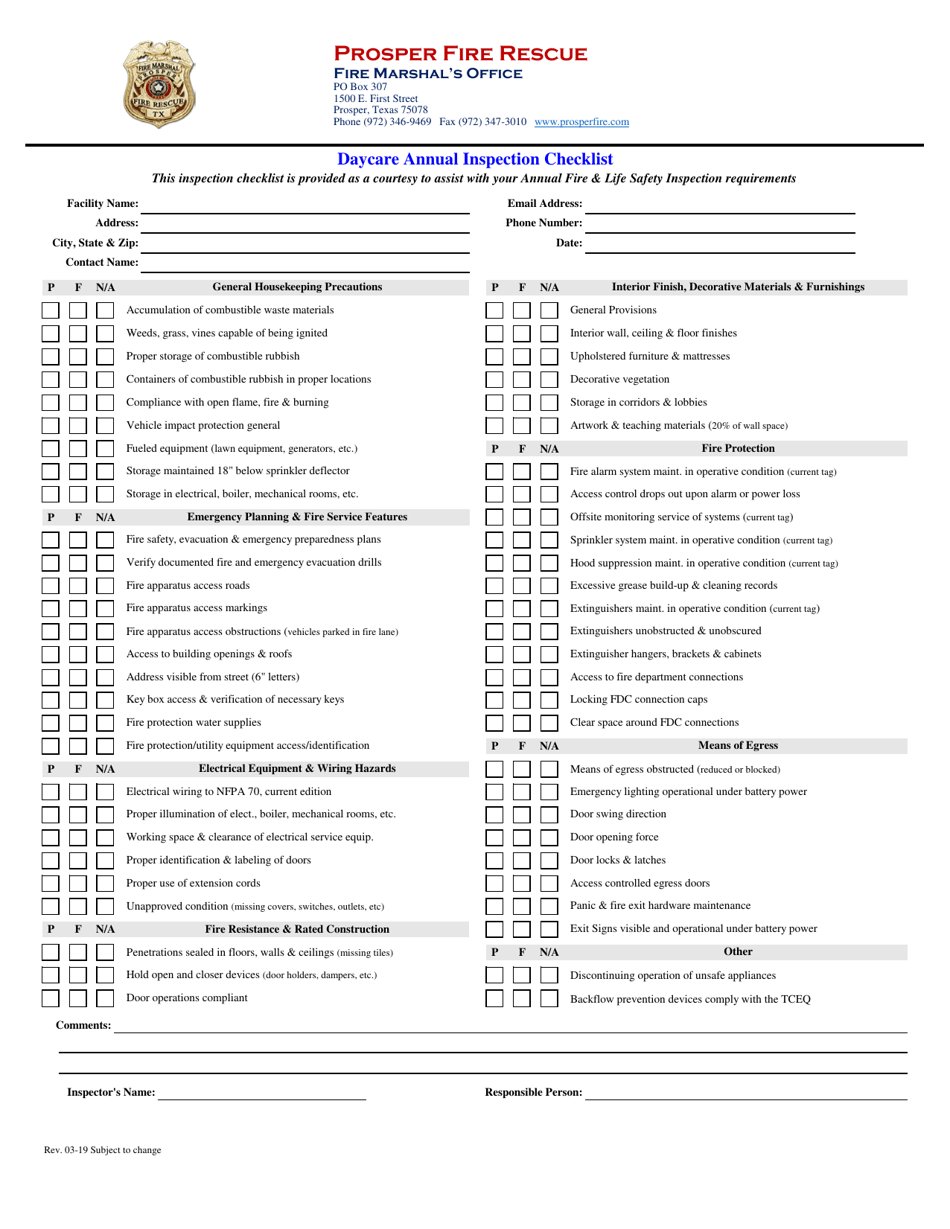Daycare Annual Inspection Checklist - Town of Prosper, Texas, Page 1