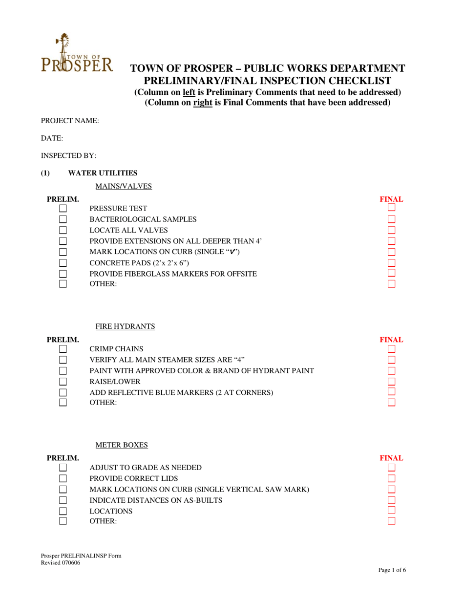 Preliminary / Final Inspection Checklist - Town of Prosper, Texas, Page 1