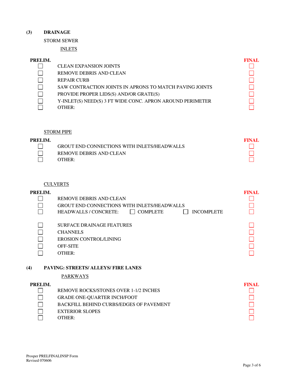 Town Of Prosper, Texas Preliminary/Final Inspection Checklist - Fill ...