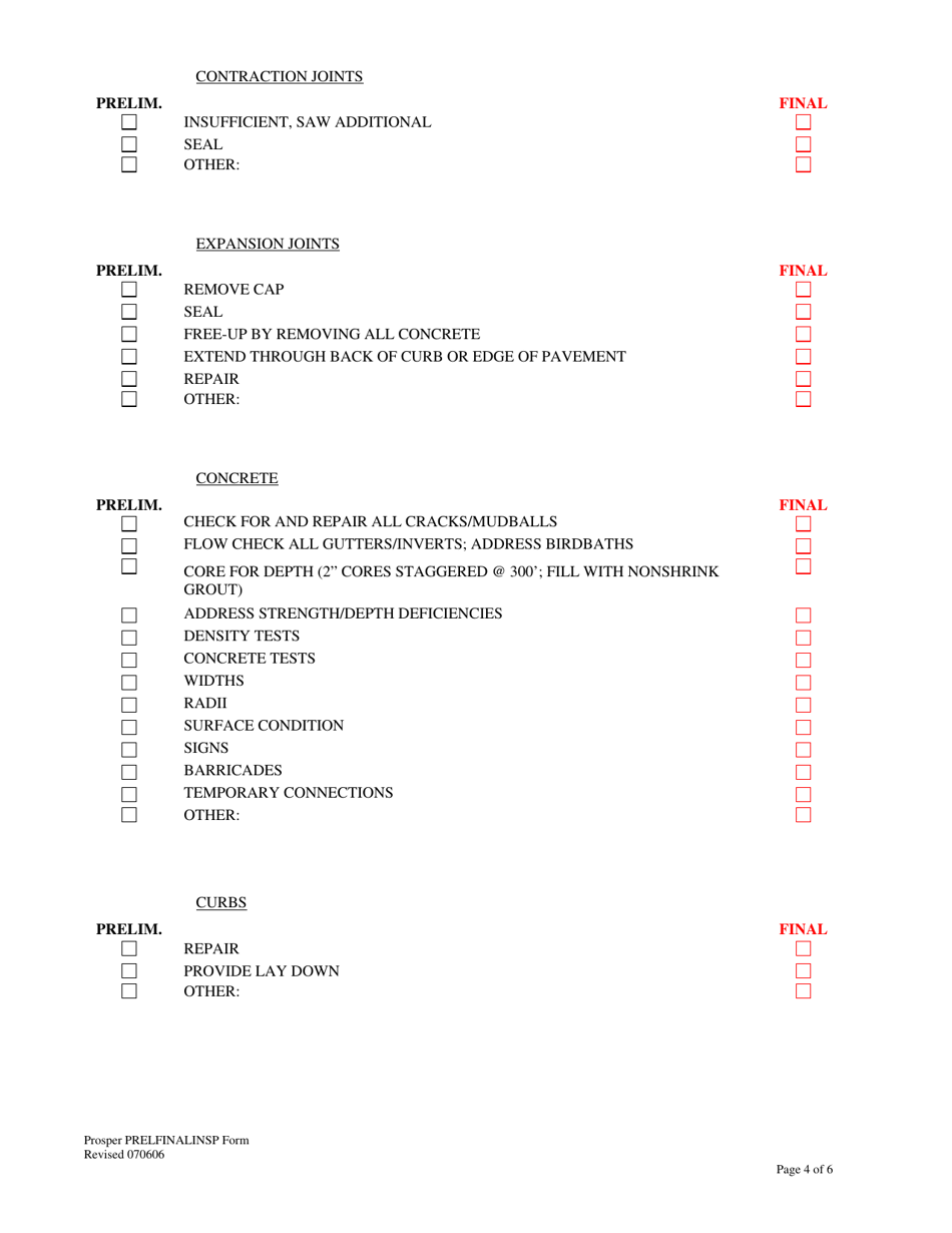 Preliminary / Final Inspection Checklist - Town of Prosper, Texas, Page 4