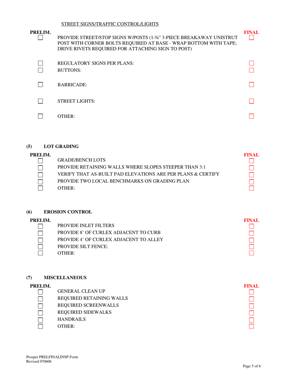 Preliminary / Final Inspection Checklist - Town of Prosper, Texas, Page 5