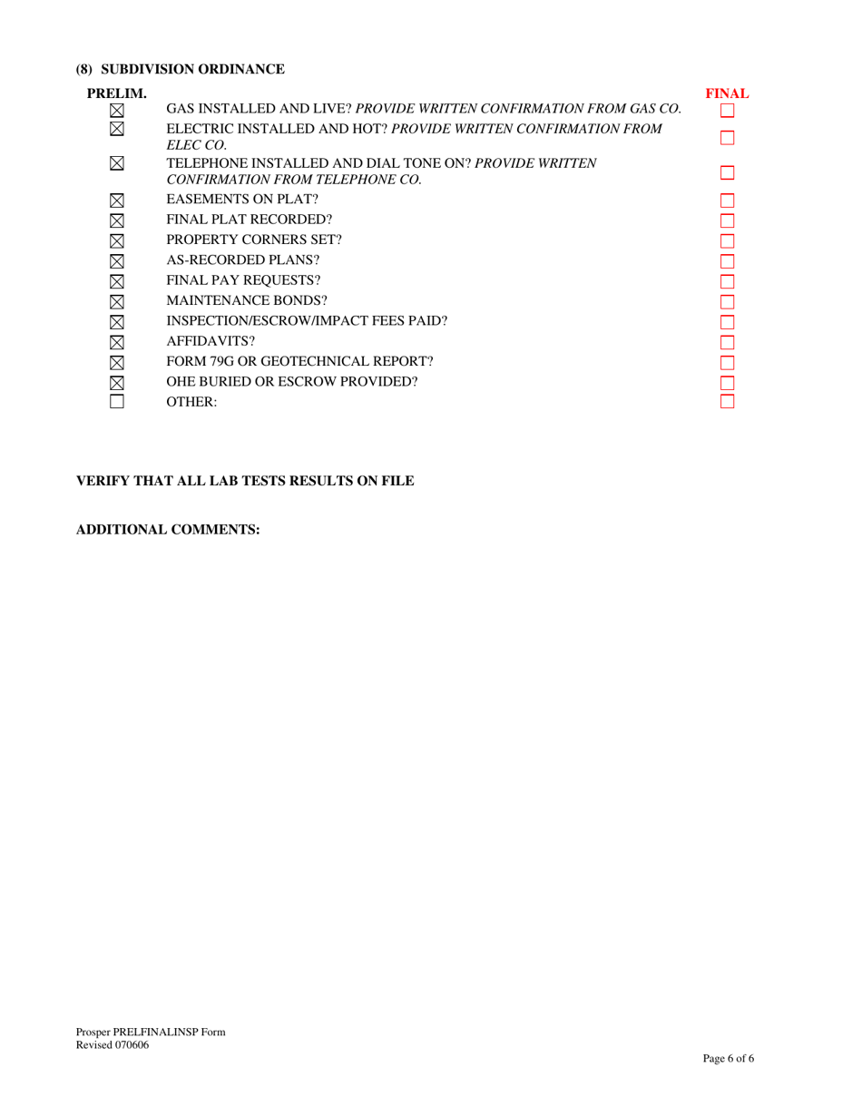Preliminary / Final Inspection Checklist - Town of Prosper, Texas, Page 6