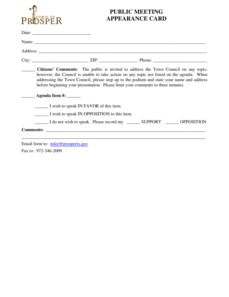 Public Meeting Appearance Card - Town of Prosper, Texas, Page 1