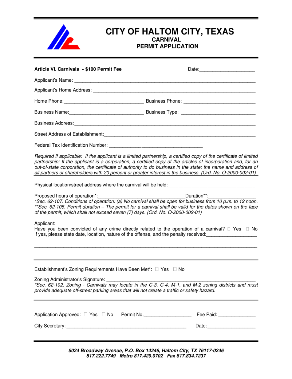 Carnival Permit Application - Haltom City, Texas, Page 1
