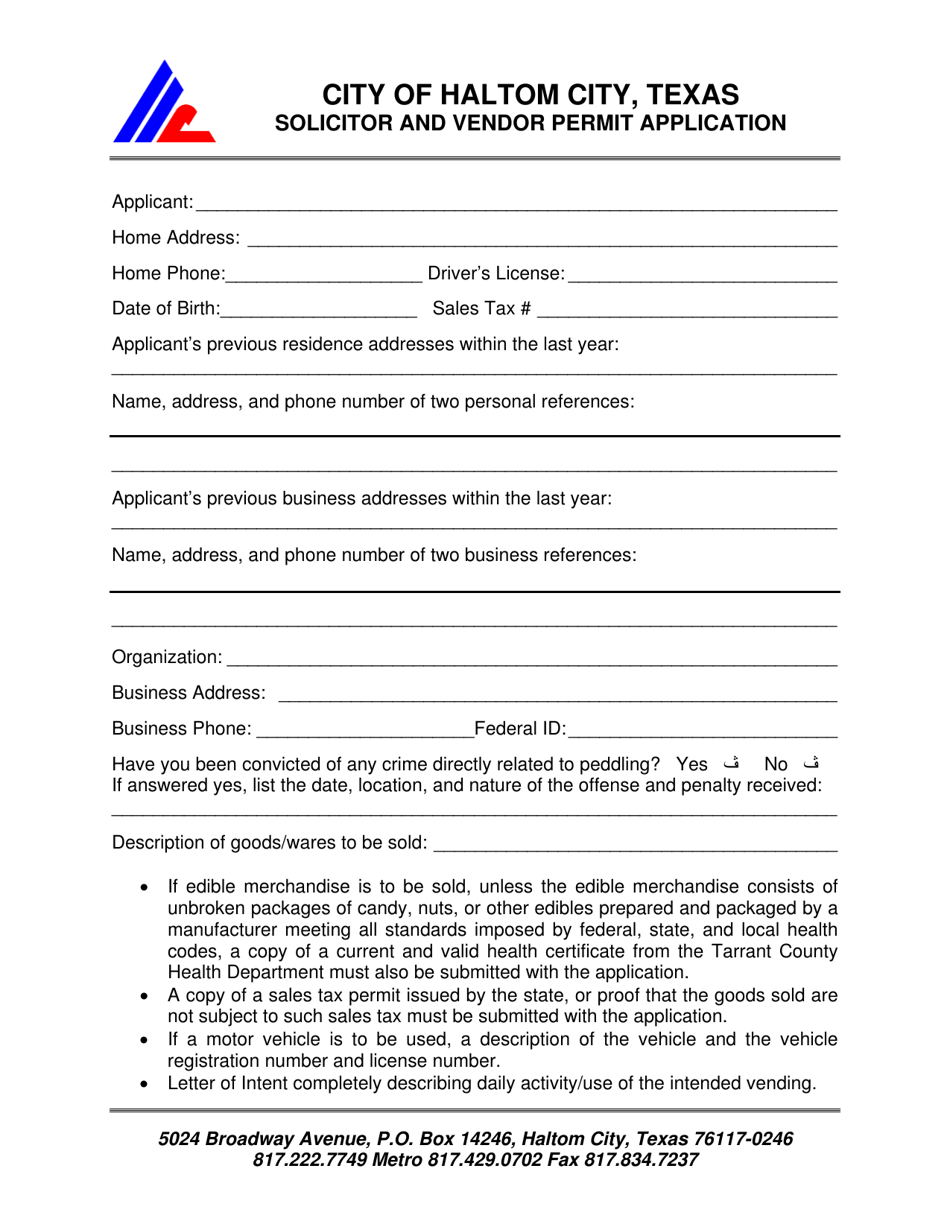 Solicitor and Vendor Permit Application - Haltom City, Texas, Page 1