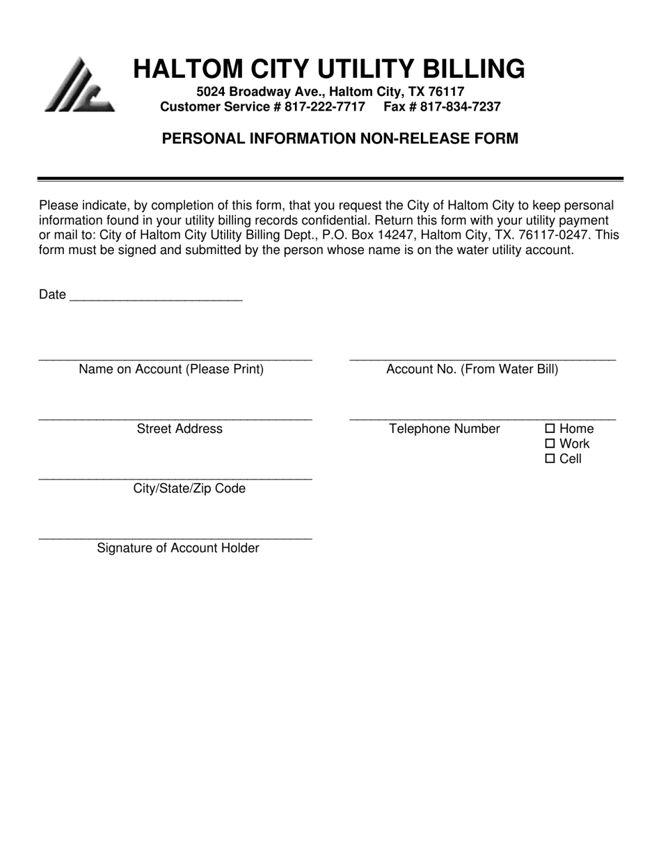 Personal Information Non-release Form - Haltom City, Texas, Page 1