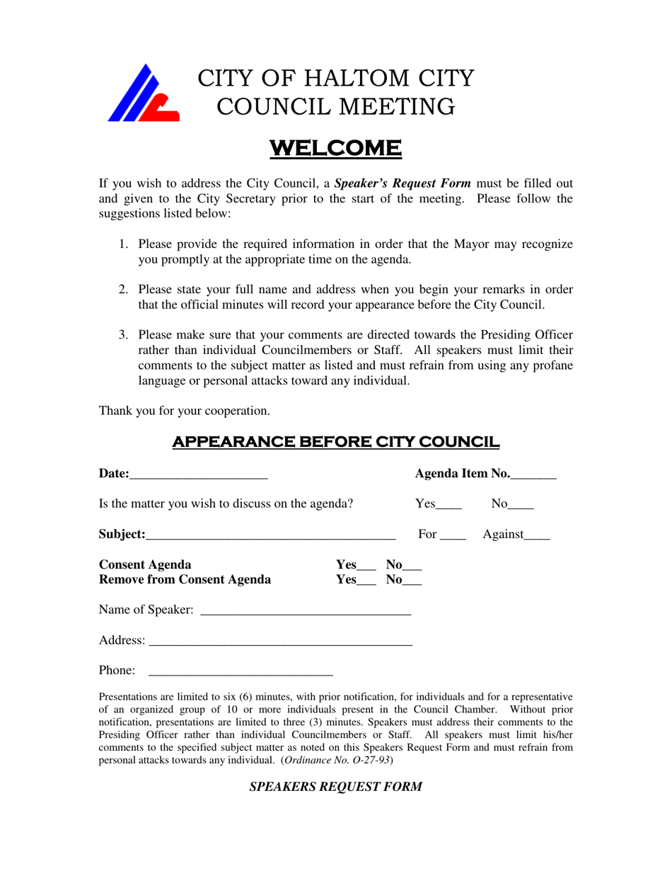 Haltom City, Texas Speakers Request Form Fill Out, Sign Online and