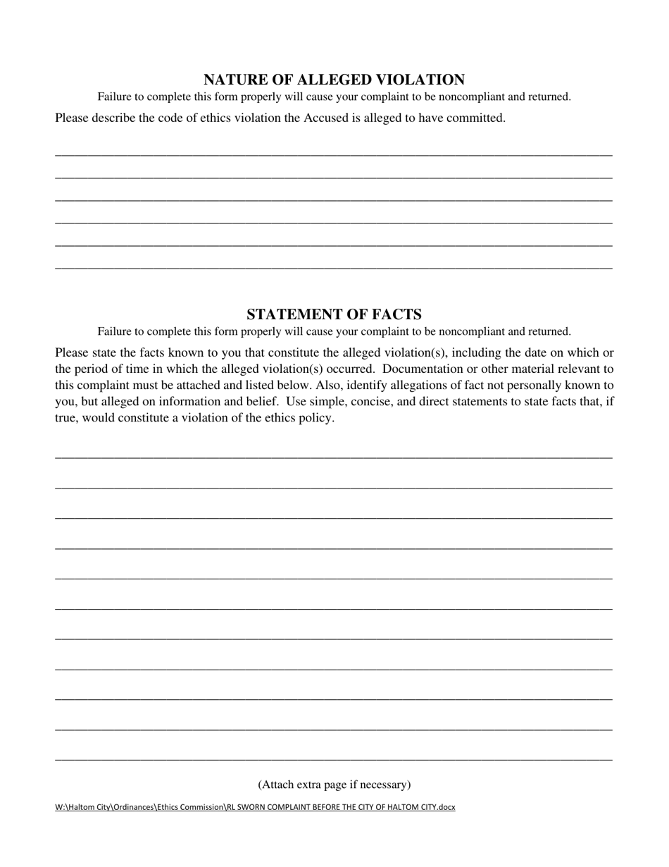 Sworn Complaint Before the City of Haltom City - Haltom City, Texas, Page 2