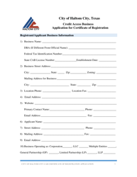 Document preview: Application for Certificate of Registration - Credit Access Business - Haltom City, Texas