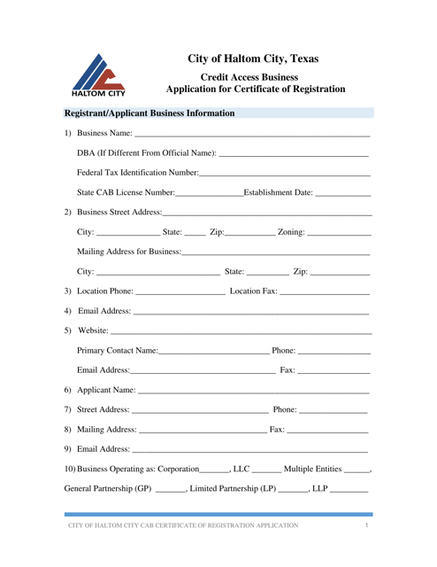 Application for Certificate of Registration - Credit Access Business - Haltom City, Texas Download Pdf