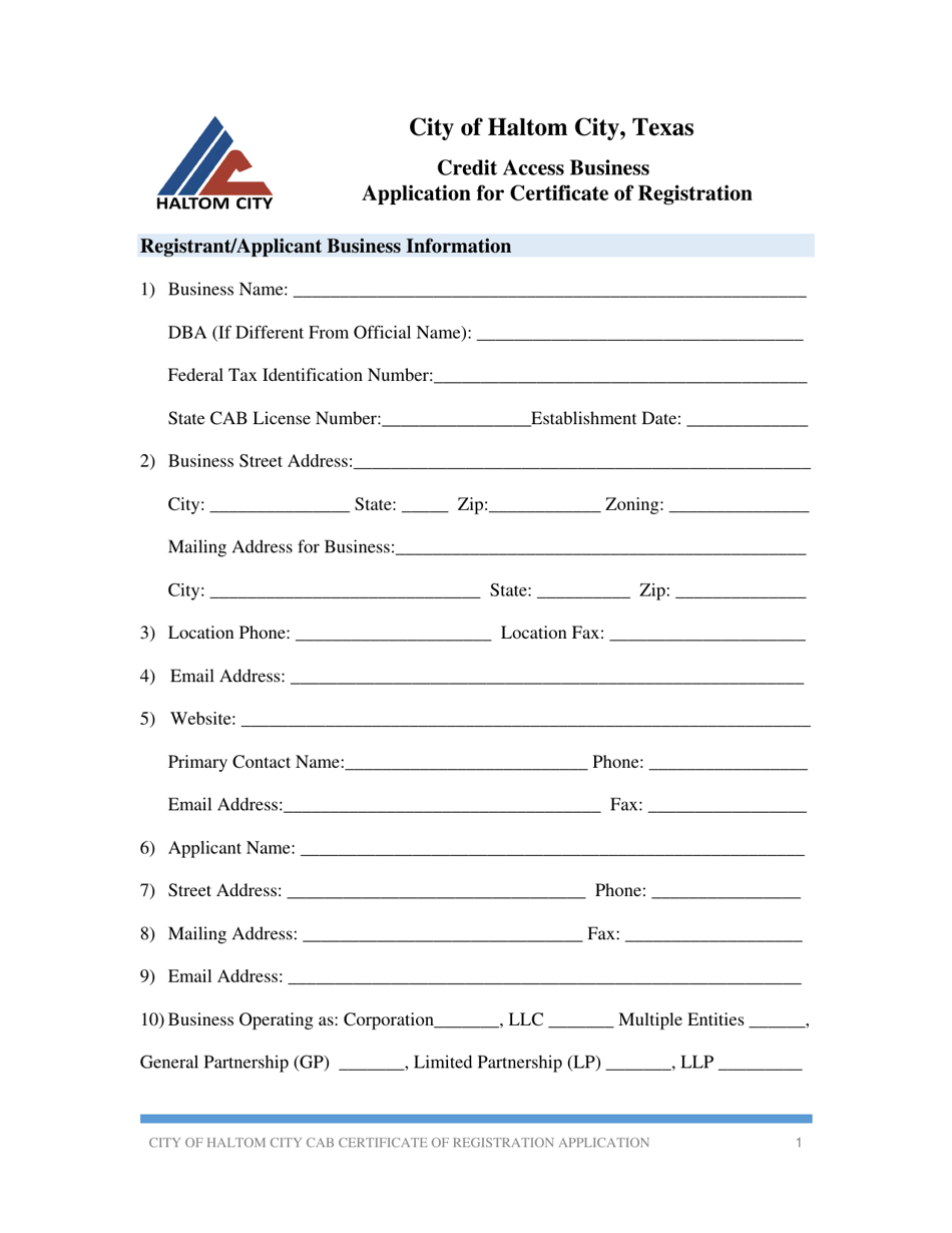 Application for Certificate of Registration - Credit Access Business - Haltom City, Texas, Page 1