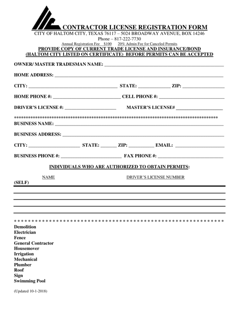 Contractor License Registration Form - Haltom City, Texas
