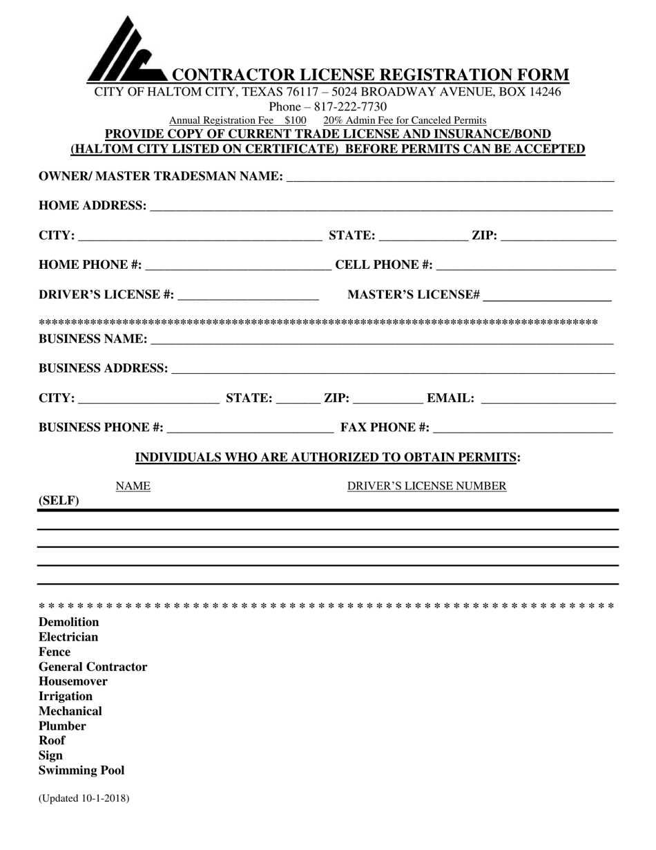 Contractor License Registration Form - Haltom City, Texas, Page 1