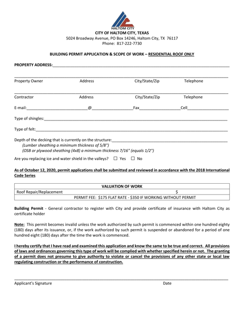Building Permit Application & Scope of Work - Residential Roof Only - Haltom City, Texas Download Pdf