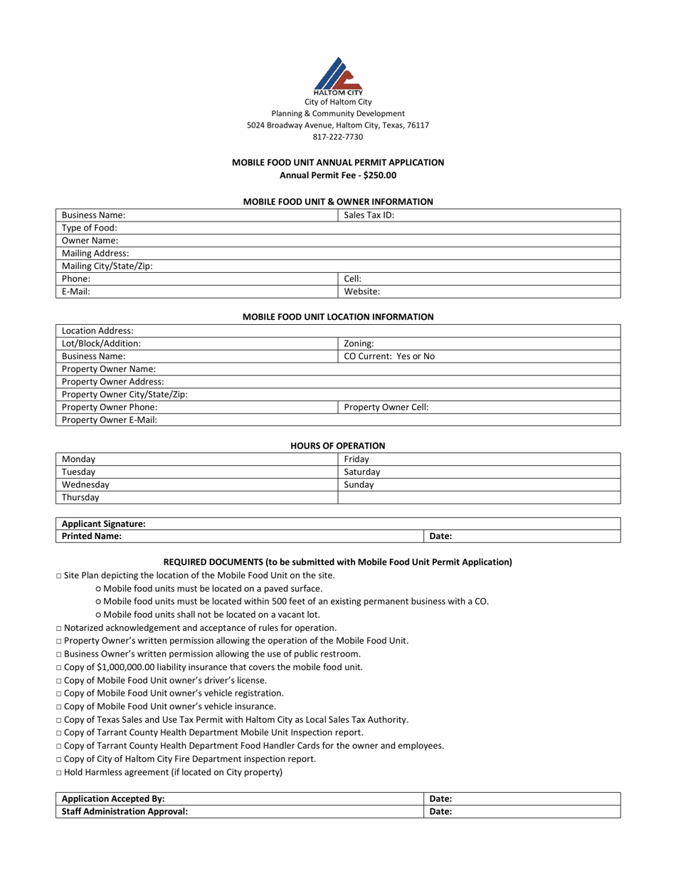 Haltom City, Texas Mobile Food Unit Annual Permit Application Fill