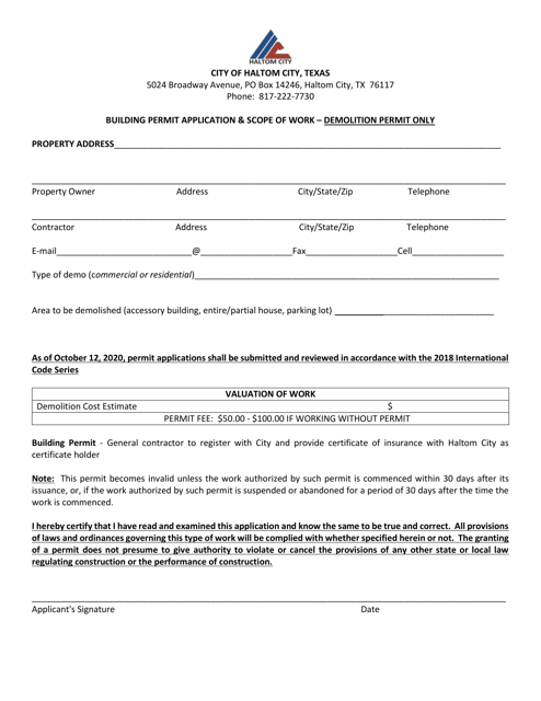 Document preview: Building Permit Application & Scope of Work - Demolition Permit Only - Haltom City, Texas