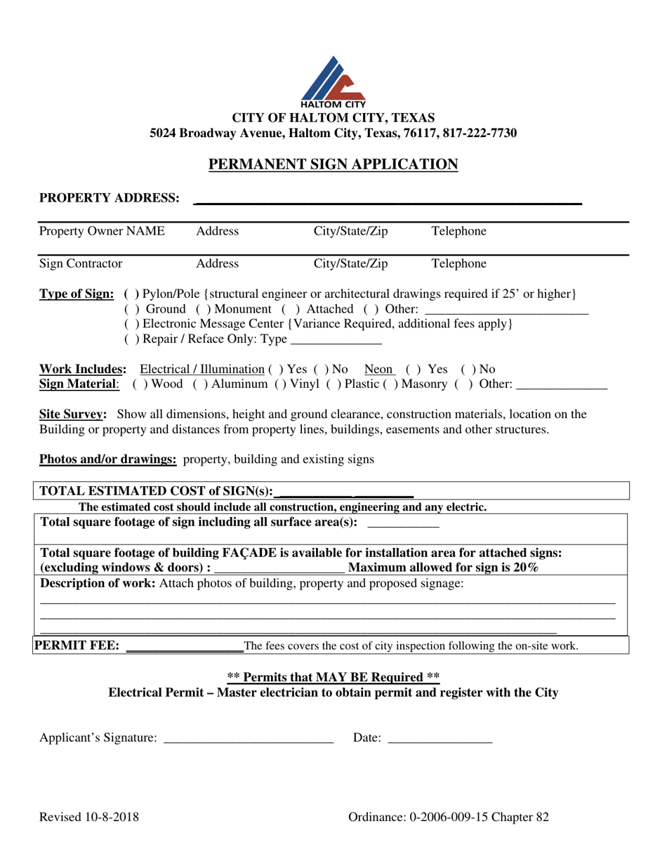 Permanent Sign Application - Haltom City, Texas, Page 1
