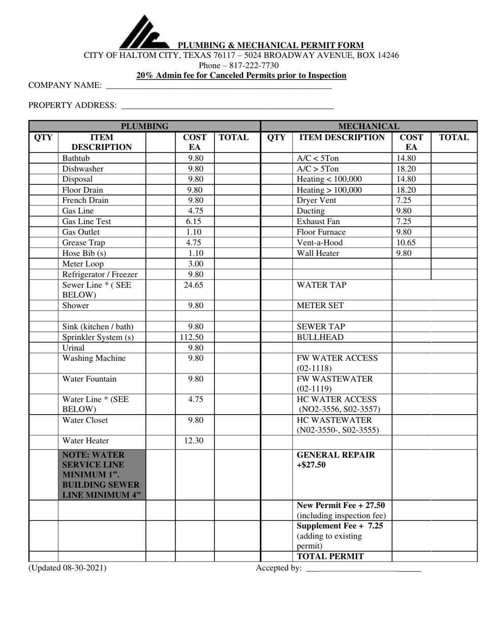 Haltom City, Texas Plumbing & Mechanical Permit Form - Fill Out, Sign ...