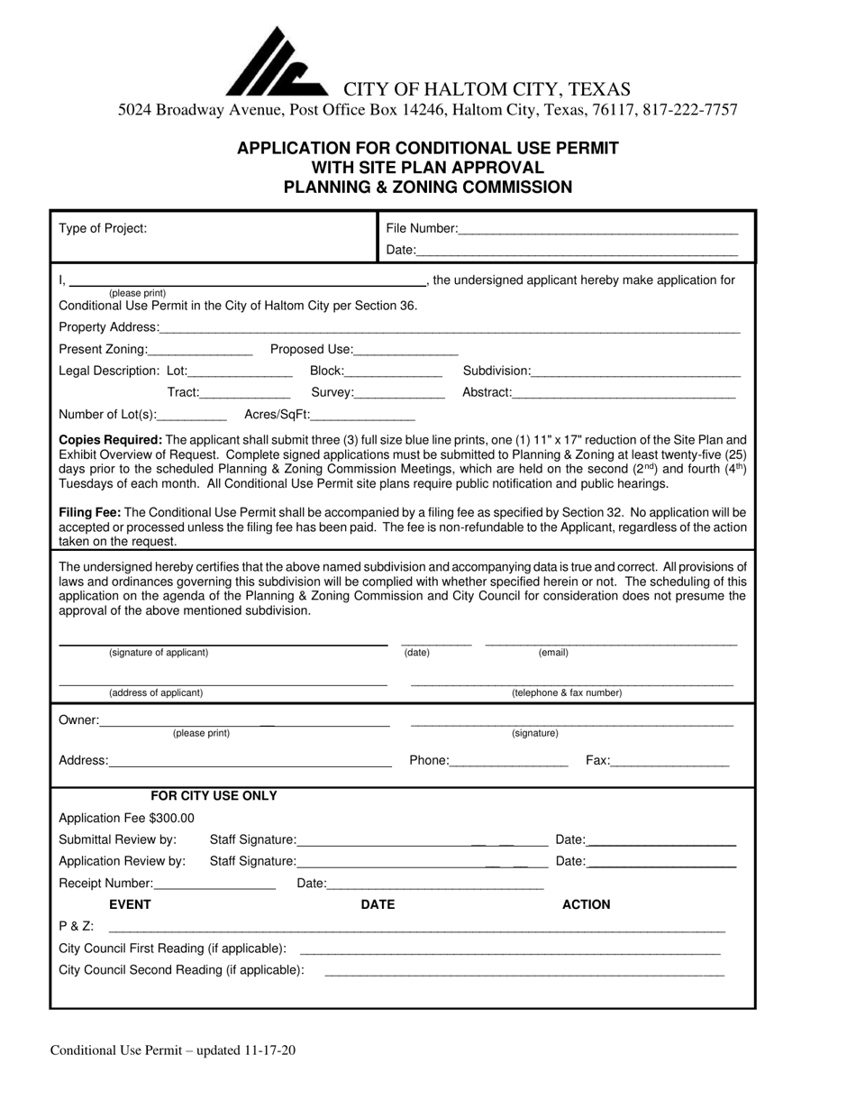 Application for Conditional Use Permit With Site Plan Approval - Haltom City, Texas, Page 1