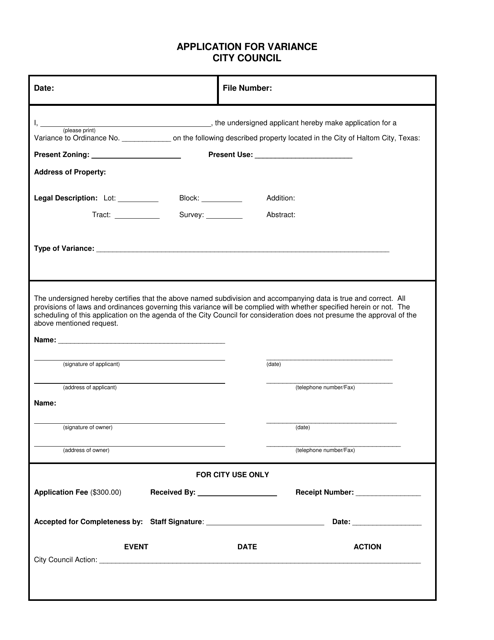 Application for Variance - City Council - Haltom City, Texas