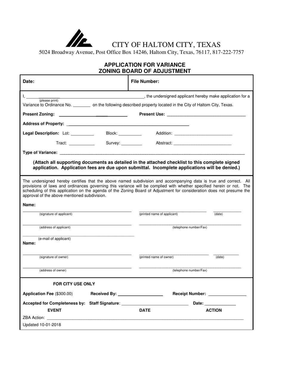 Haltom City, Texas Application For Variance - Zoning Board Of ...