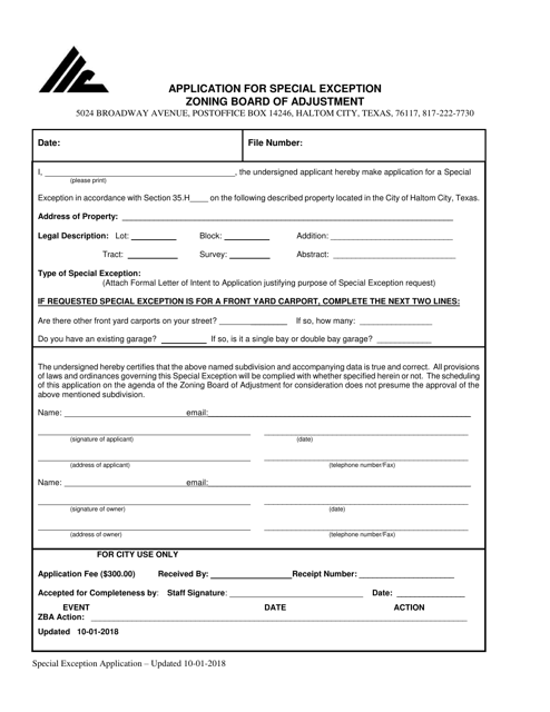 Application for Special Exception - Zoning Board of Adjustment - Haltom City, Texas Download Pdf