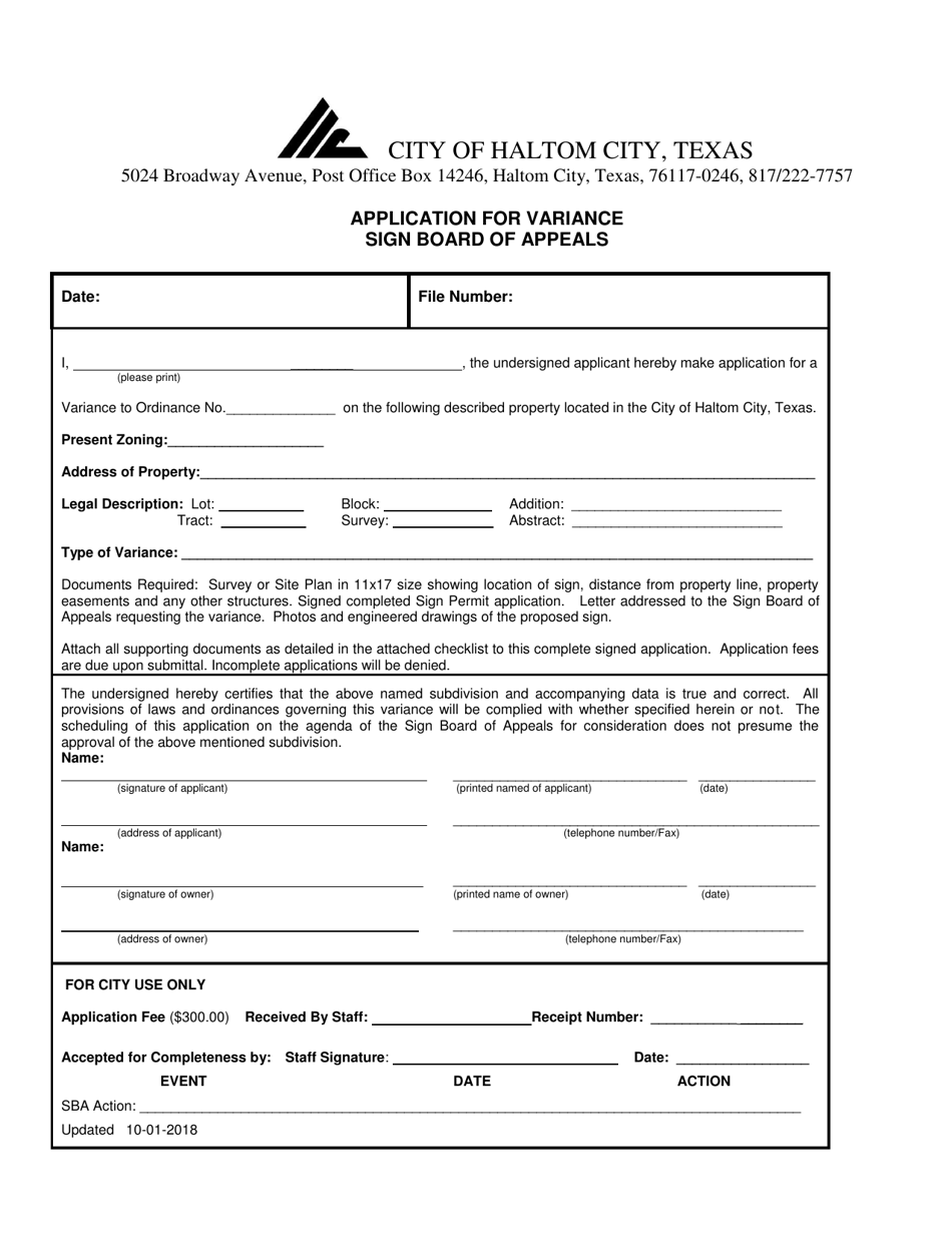 Application for Variance - Sign Board of Appeals - Haltom City, Texas, Page 1
