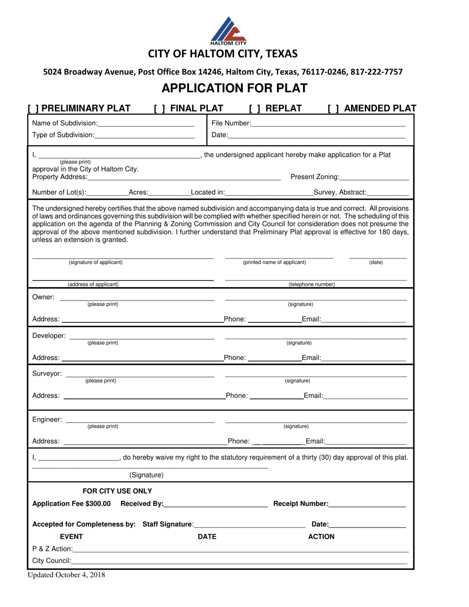 Application for Plat - Haltom City, Texas, Page 1