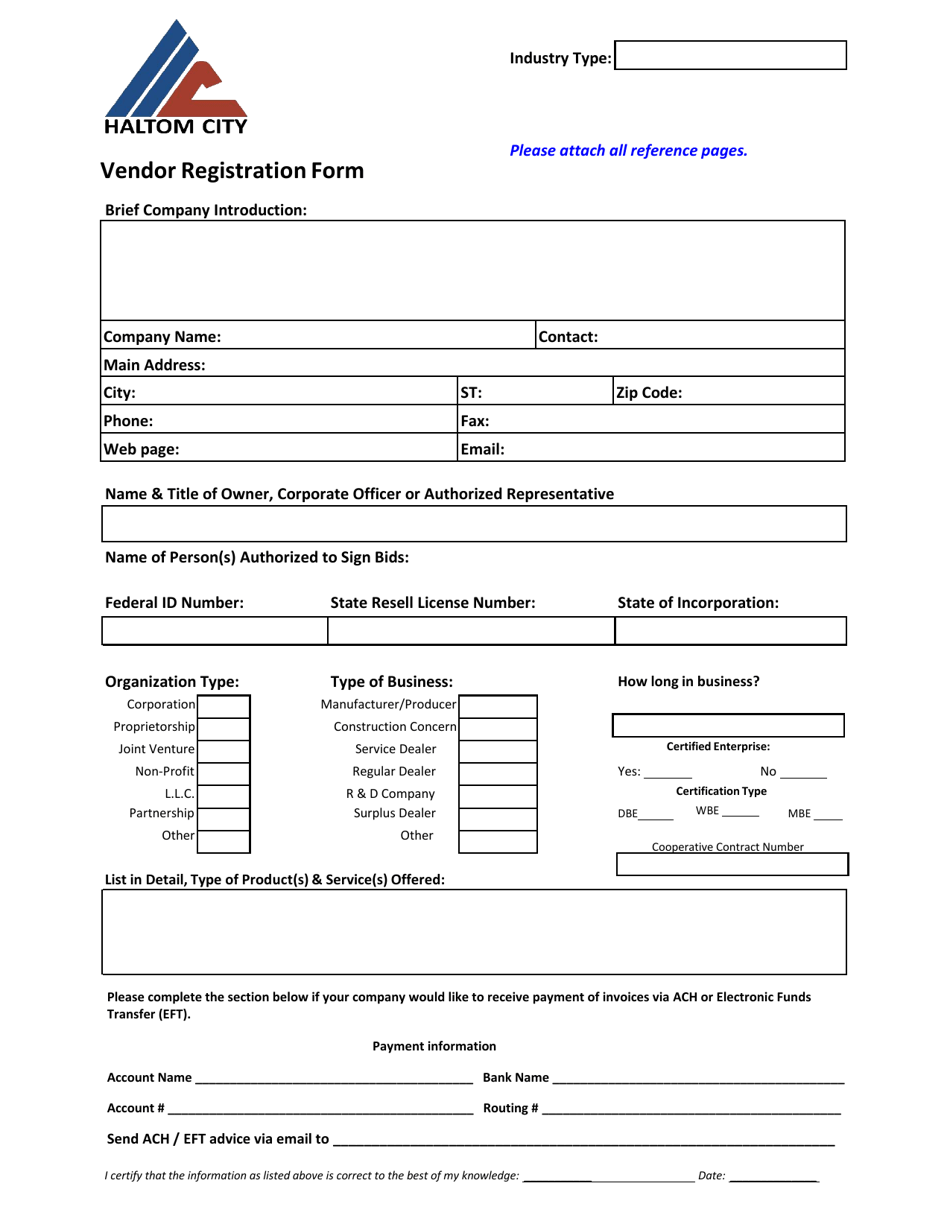 Vendor Registration Form - Haltom City, Texas, Page 1