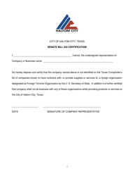 Document preview: Senate Bill 252 Certification - Haltom City, Texas
