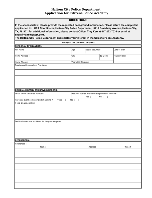 Application for Citizens Police Academy - Haltom City, Texas Download Pdf