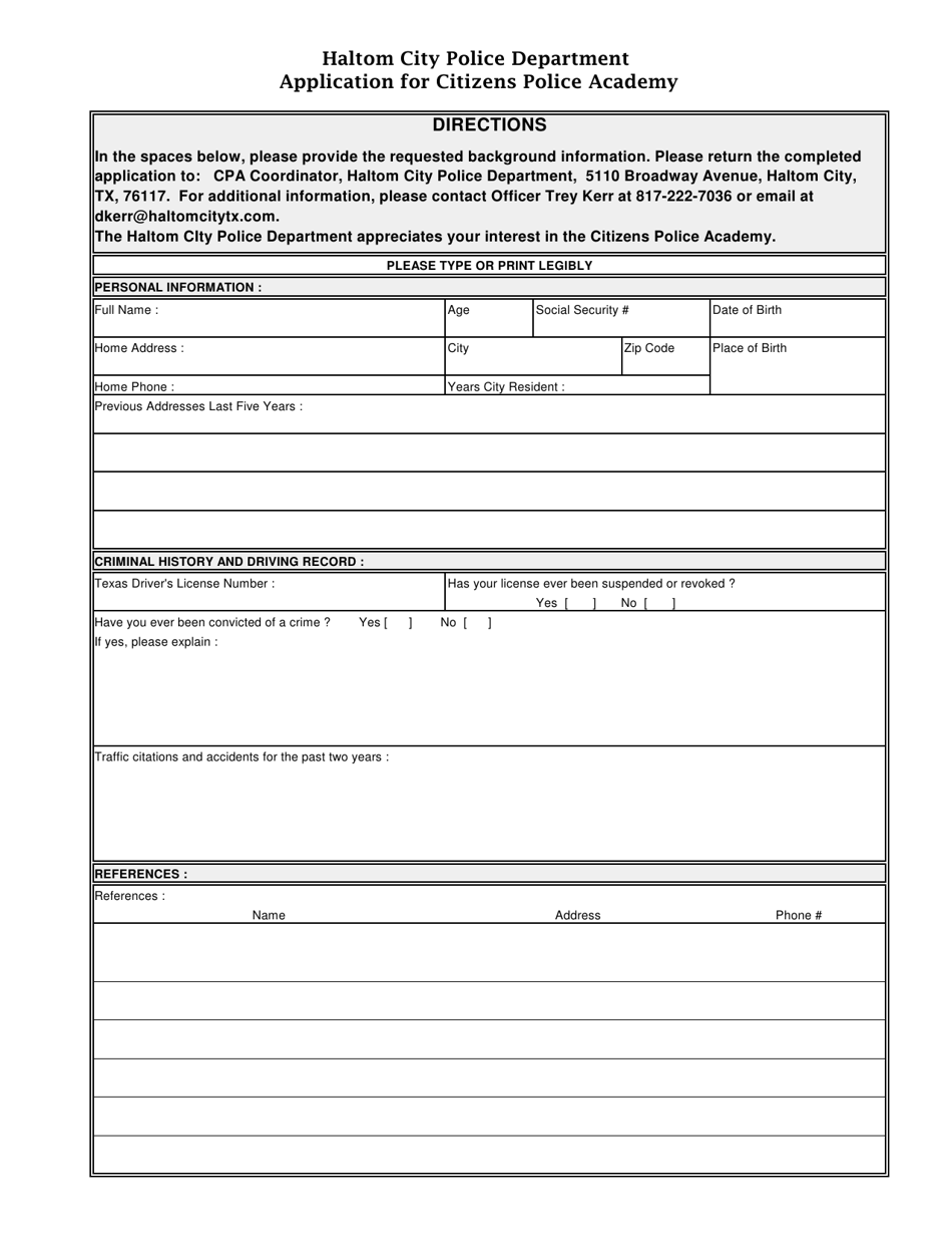 Application for Citizens Police Academy - Haltom City, Texas, Page 1