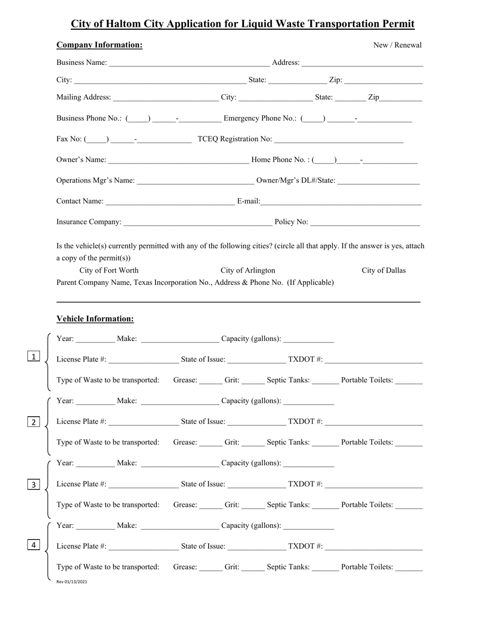 Application for Liquid Waste Transportation Permit - Liquid Waste Program - Haltom City, Texas, Page 4