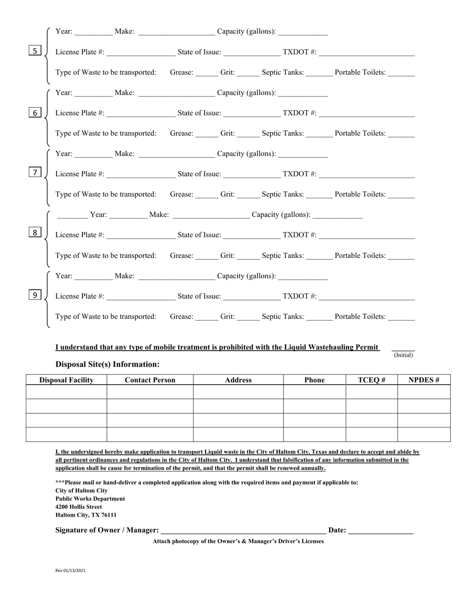 Application for Liquid Waste Transportation Permit - Liquid Waste Program - Haltom City, Texas, Page 5