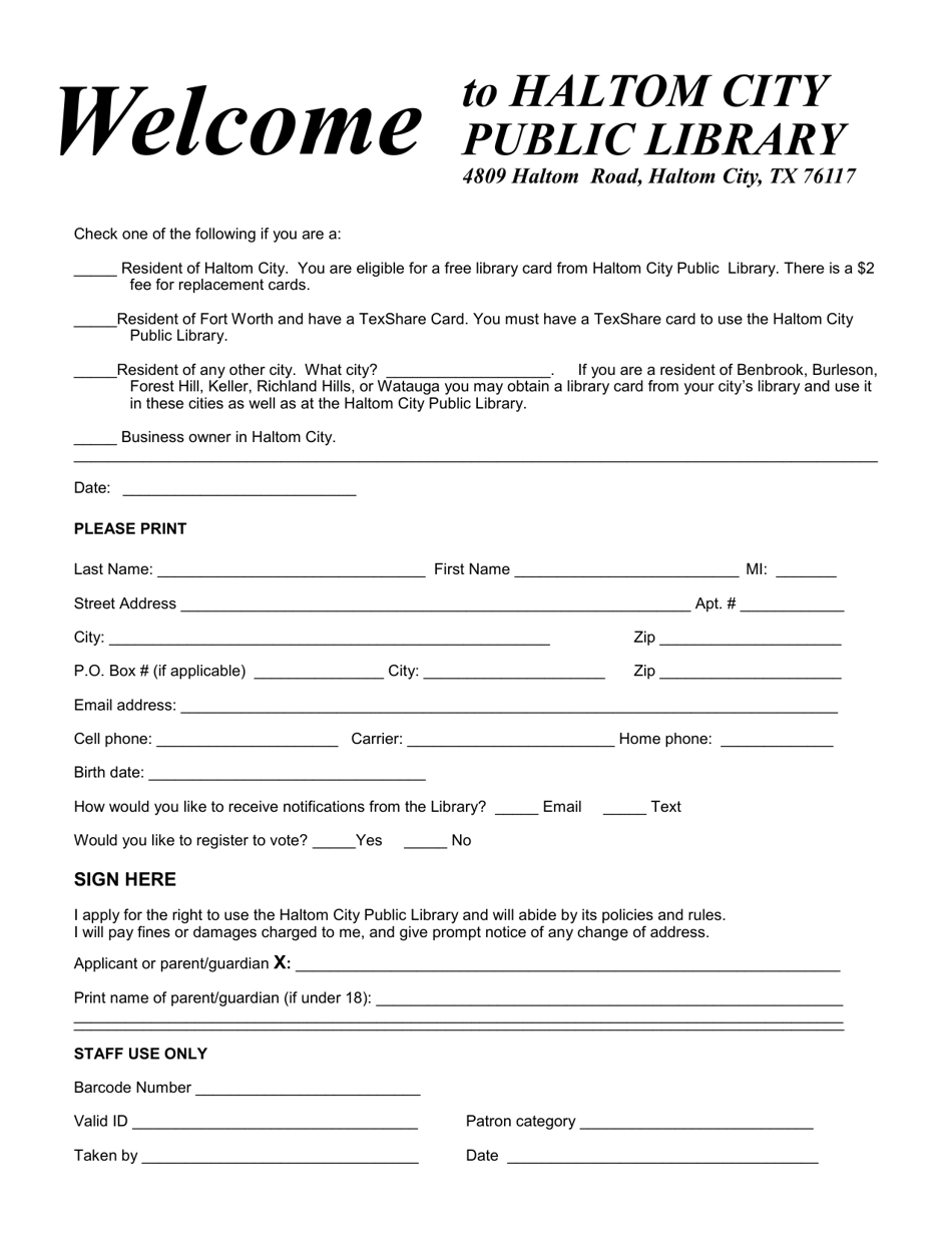 Haltom City, Texas Application for a Library Card Fill Out, Sign