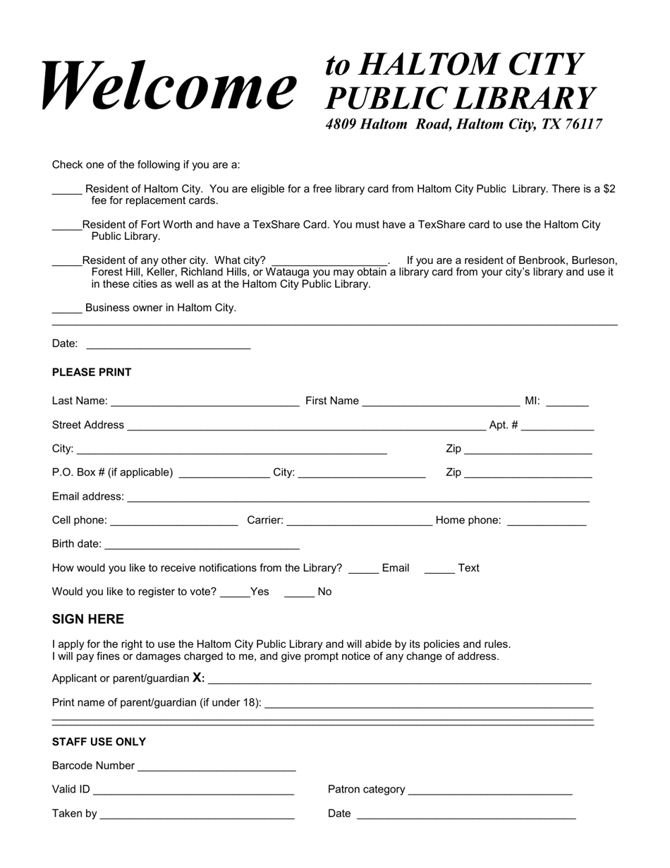 Application for a Library Card - Haltom City, Texas, Page 1
