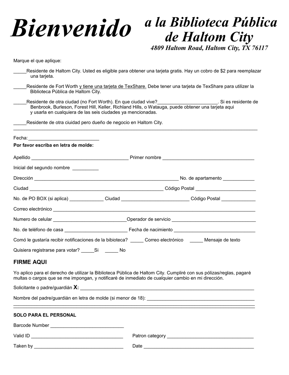 Application for a New Library Card - Haltom City, Texas (Spanish), Page 1
