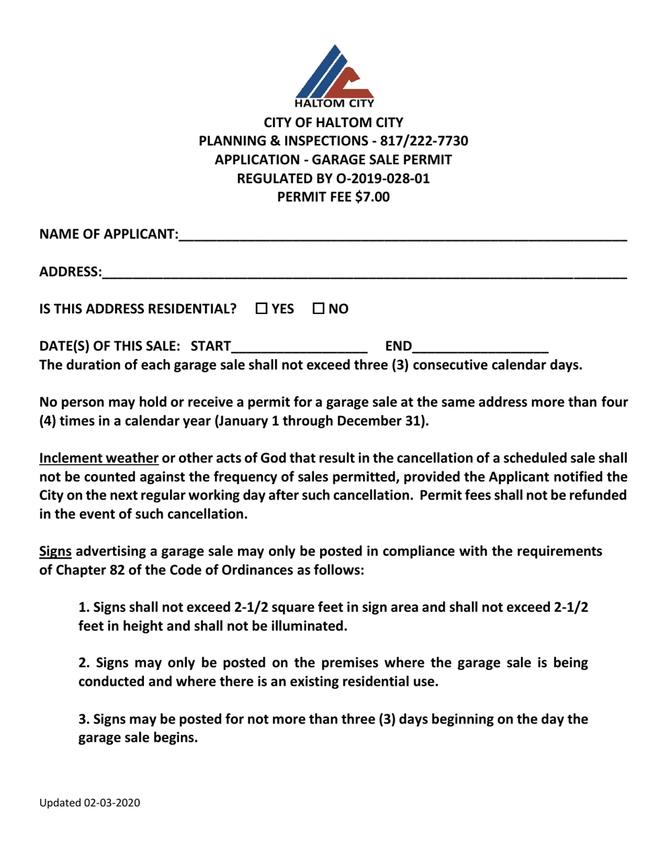 Garage Sale Permit Application - Haltom City, Texas, Page 1