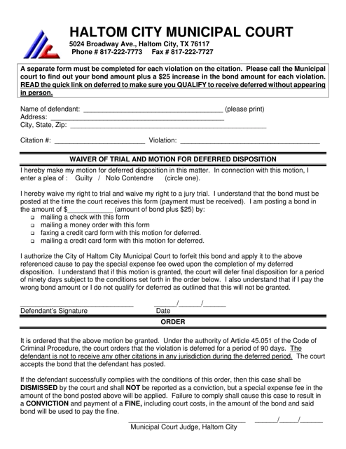 Waiver of Trial and Motion for Deferred Disposition - Haltom City, Texas Download Pdf