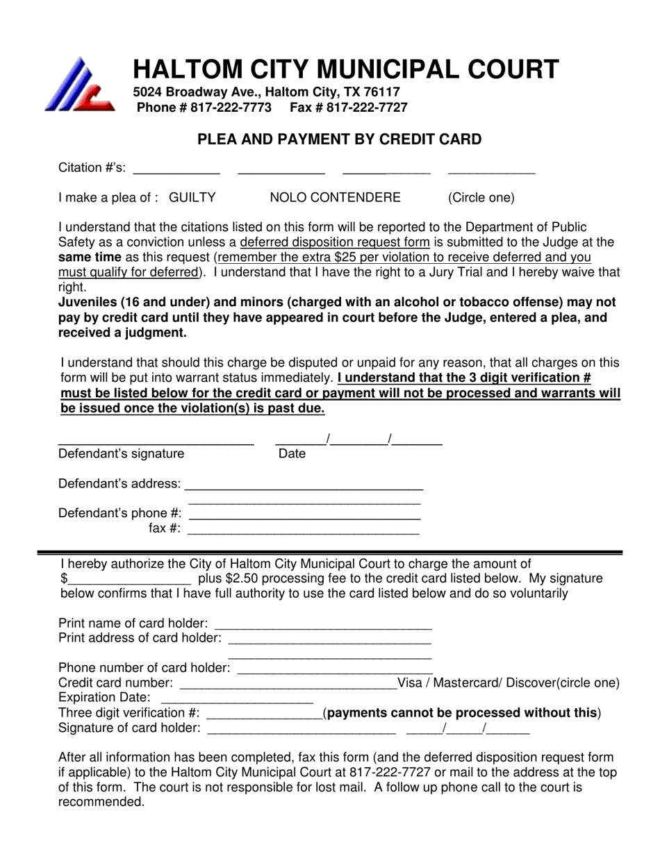 Plea and Payment by Credit Card - Haltom City, Texas, Page 1