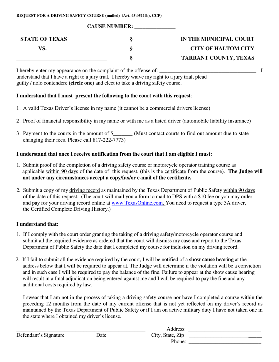 Request for a Driving Safety Course - Haltom City, Texas, Page 1