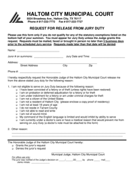 Document preview: Request for Release From Jury Duty - Haltom City, Texas